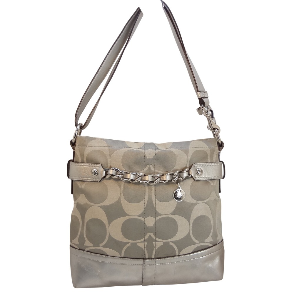 Coach Shoulder Bag Medium Light Gray Silver Sateen Signature Chain Hobo